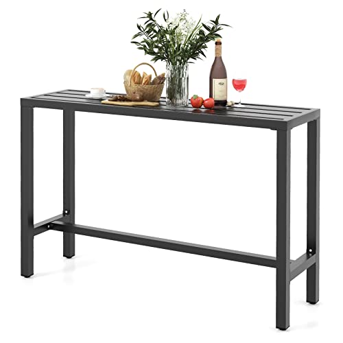 COSTWAY Outdoor Bar Table 55-inch Wide, Narrow Counter Height Dining Table with Waterproof Top and Heavy-Duty Metal Frame, Rectangular Pub Table for Garden Patio Backyard Poolside, Black