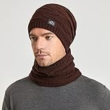 Winter Beanie Hat Scarf Touchscreen Glove Set for Men Women,Slouchy Knit Ski Cap Neck Warmer with Fleece Lined for Unisex (Brown Beanie Scarf and polyester and spandex Black Glove)