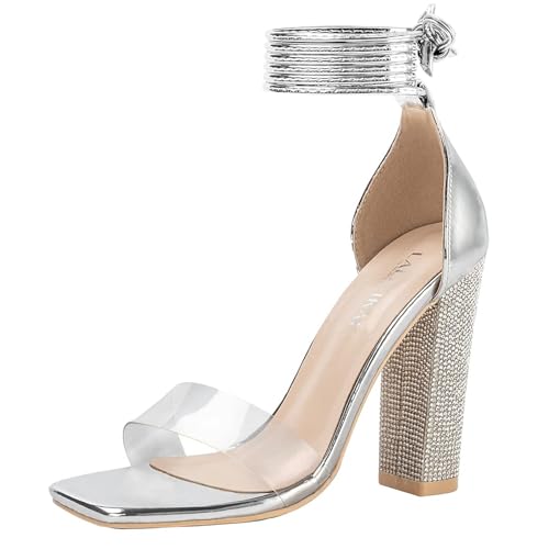 LALA IKAI Women's High Block Chunky Heels Sandals Sexy Square Open Toe Ankle Strap Party Dress Pump Shoes Clear Buckle Heeled Sandal, Silver Rhinestone 8.5