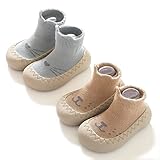 HOVELL 2 pairs Toddler Non-Skid Socks Shoes Baby Boys Girls Rubber Sole Indoor First Walking Slippers(Blue Brown,Medium,6-12M)