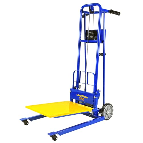 Goodyear Material Lift Winch Stacker, Pallet Truck Dolly, 330 Lbs 40" Max Lift w/ 8" Wheels, Swivel Casters [Patent Pending]