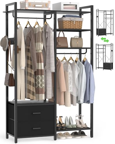 78.7'' Clothes Rack for Hanging Clothes - Reversible Clothing Rack with 2 Drawers, Heavy Duty Garment Racks with Shelves, 6 Tiers Freestanding Portable Closet Wardrobe System with Hanging Hooks, Black