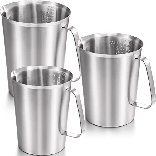 Stainless Steel Measuring Cups 3 Pieces Measuring Pitcher with Handle Measuring Cup with Markings for Latte Art, Water Pouring 16 Ounces (2 Cup) 32 Ounces (4 Cup) 64 Ounces (8 Cup)