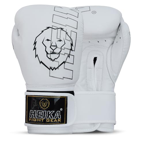Heika 100% Leather Boxing Gloves, Training Sparring, Cow Hide Leather, Muay Thai MMA Kickboxing, Men Women Adult, Heavy Punching Bag, Sizes 10 oz,12 oz,14 oz,16 oz (White, 12-Oz)