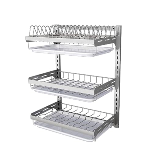 WWWHZGYS Dish Rack Wall Mounted,Hanging Dish Drying Rack,3 Tier Stainless Steel Dish Rack,Adjustable Length Drain Rack.with Drain Tray,Hooks（Silvery）