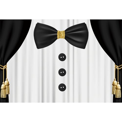 Baocicco 7x5ft White and Black Tuxedo Suit Theme Birthday Party Backdrop Black Curtains Tie Buttons Photography Background Gentlemen Baby Shower Birthday Carnival for Little Boy Father Boyfriends