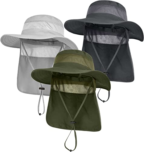 3 Pack Mens UPF 50+ Wide Brim Sun Hat with Neck Flap for Fishing Hiking Garden (3 Pack Dark Grey＆Light Grey＆Army Green)