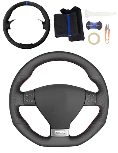 Leather Suede Steering Wheel Wrap Car Steering Case Stitch Wheel Cover Fit for Volkswagen Golf 5 Mk5 GTI VW Golf 5 R32 Passat R GT 2005,Blue Mark