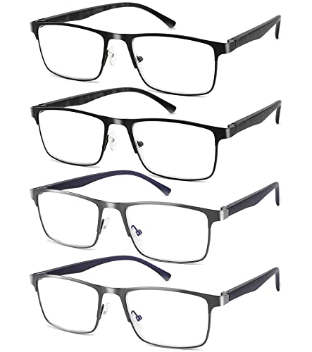 DILLY VISION 4-Pack Mens Reading Glasses Blue Light Blocking,Spring Hinge Stylish Metal Full Frame Readers for Men Anti Glare Filter Eyeglasses +4.0