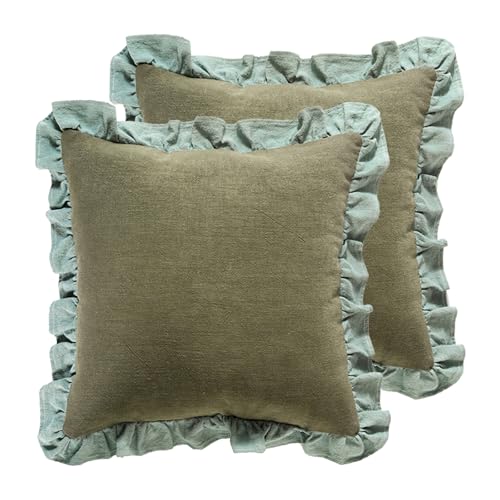 patdrea Green Shabby Chic Decorative Throw Pillow Covers 22x22 Set of 2,Farmhouse Linen Pillow Covers with Ruffles,Square Sturdy Throw Pillow Case for Couch Sofa Bed Living Room