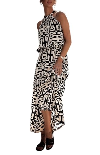 miduo Womens Spring Summer Casual Maxi Dresses Halter Neck Sleeveless High Waist Boho Geometric Pattern A Line Maxi Dress Beige M