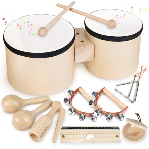 Drum Set for Toddlers 1-3, Wooden Musical Instruments Toys for 1 Year Old Girls Gifts, Montessori Toys for Babies 6-12-18 Months with Bongo Drum, One First Christmas Birthday Gifts for Boys Age 2-4