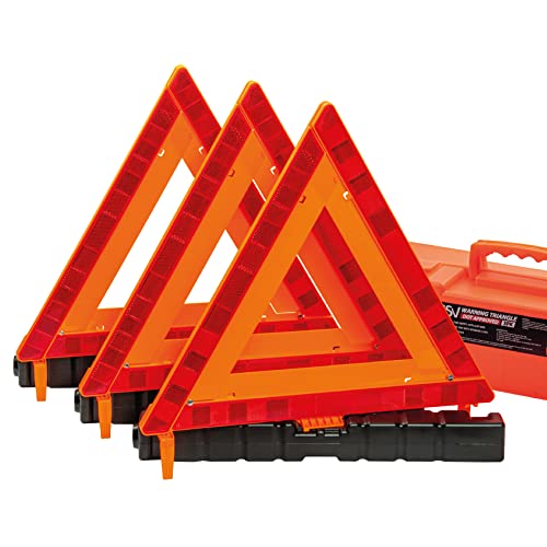 DSV Standard Warning Triangles, Safety Triangles DOT Approved, Plastic, 3 Pack, Reflective Triangles with Heavy Base, FMVSS 571.125 &Carrying Case Included