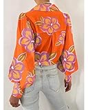 BTFBM Women Fashion Button Down Shirts Lapel V Neck Printed Solid Boho Long Sleeve Blouses Dressy Casual Summer Fall Top(Floral Orange Purple, Small)