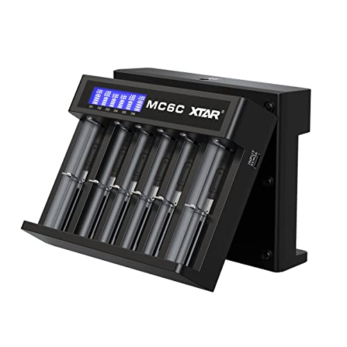 Intelligent ChargerXTAR MC6C 18650 Battery Charger with USB C & DC Dual Input 6 Slots 18650 Charger for 3.6v 3.7V Li-ion 1.2V AA AAA Rechargeable Batteries