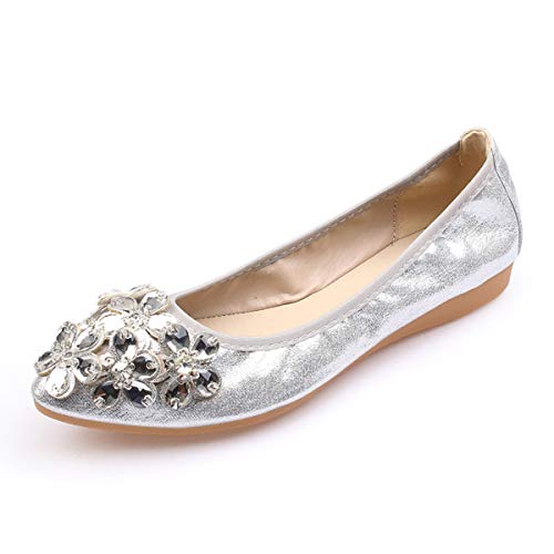 Lauthen.S Women Foldable Ballet Flats, Pointed Toe Wedding Rhinestone Slip on Flat Shoes(Silver,8.5 US M)