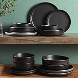 Gibson Soho Lounge Pasco 16 Piece (Service for 4) Plates and Bowls Double Bowl Reactive Glaze Dishes Stoneware Ceramic Dinnerware Set - Black