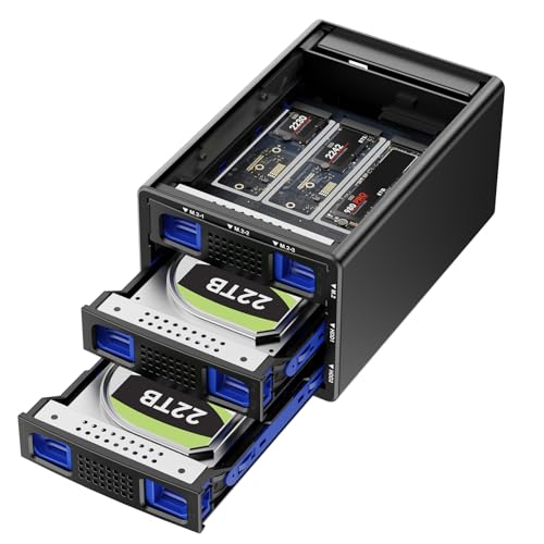 Hybrid 2*2.5/3.5" SATA HDD/SSD(Support RAID 1/0/JBOD/NORMAL)+3* M / B+M Key M.2 NVMe Enclosure with Fan, USB A/C 3.2 Gen 2, Hard Drive Enclosure Support 68TB(2*22TB HDD+3*8TB 2230/42/60/80/110 SSDs)
