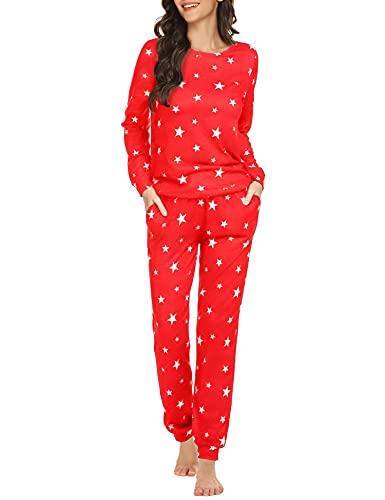 Ekouaer Womens Star Printed Pajamas Set Long Sleeve Tops with Pants Lounge Set Christmas Casual Two-Piece Sleepwear red White Star Medium