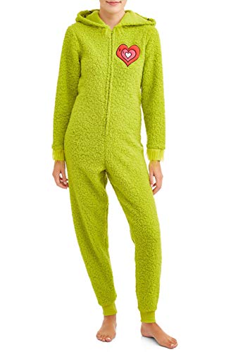 The Grinch Women's Fuzzy Plush Warm Holiday Hooded Union Suit Pajamas (Green, Large)