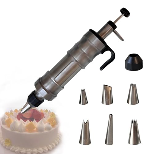 Dessert Decorating Piping Syringe Set Cake Decorating Tool Cookie Gun Press,Icing Decoration Gun,Frosting Piping Kit 6 Piping Icing Nozzles for Baking,Decorating Cupcake,Deviled Eggs (Silver & Black)