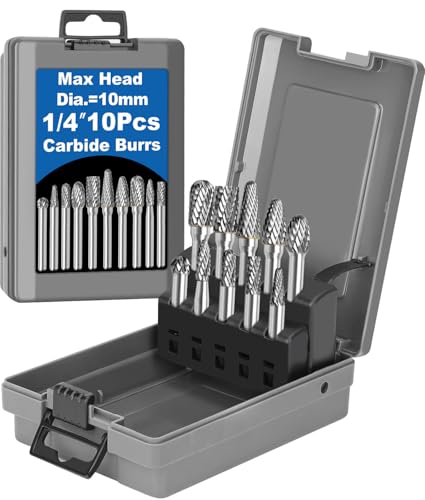 Sworker 10Pcs Carbide Burr Set 1/4 Shank w/Grey Box Max Head Dia 10mm Die Grinder Bits Rotary Tools Attachment Kit Rasp Accessories Metal Wood Stone Steel Grinding Deburring Cutting Porting Carving