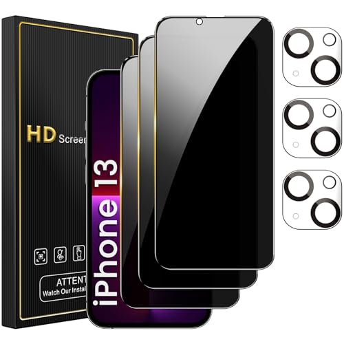 Romkasi 3 Pack Privacy Screen Protector for iPhone 13 6.1 Inch with 3 Pack Camera Lens Protector, Anti Spy Tempered Glass Film, Anti-Scratch, Touch Sensitive, Case Friendly