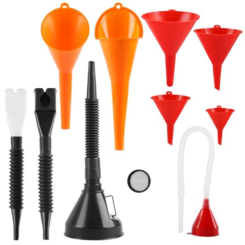 XhjzgcTech 10 Pcs Automotive Funnels Set, Plastic Long Neck Oil Funnels, Snap Funnel,Flexible Right Angle Funnels，Wide Mouth Fuel Funnels,Plastic Funnel for Filling coolant/Gasoline/Water/Engine Oil