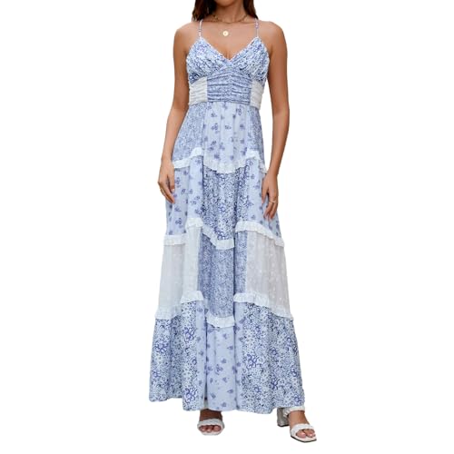 ABYOVRT Women Floral Maxi Dress Spaghetti Straps V Neck Patchwork Flowy Boho Sundress Tiered Long Dresses (Blue,M)