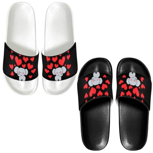 ZCFYGDX Cartoon Elephant Heart Print Couple Slide Sandals for Women and Men,Soft EVA Anti-slip Flat Bathroom Shower Shoes Comfort Casual Pool Slide Outdoor Indoor US Size 13.5/11.5 (Black Sole)
