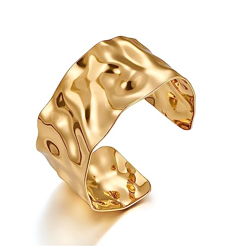 WOWORAMA Hammered Gold Cuff Bracelet for Women Wide Chunky Open Cuff Bangles Vintage Statement Gold Bracelet Adjustable Thick Wrist Cuff Bracelets
