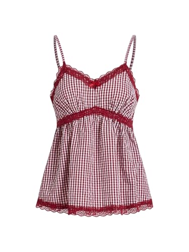 SOLY HUX Women's Plaid Contrast Lace Cami Tops Spaghetti Strap Y2k Camisole Tops Red and White Plaid Small