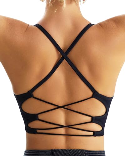 RUNNING GIRL Black Sports Bras for Women,Sexy Crisscross Back Seamless Backless Sports Bra Medium Support with Removable Pads(2935Black_S)