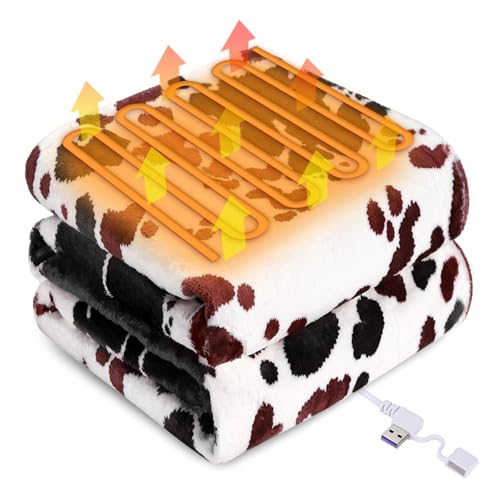 DecorSIXT USB Powered Electric Heated Cow Print Throw Blanket Portable USB Heating Blanket for Women 50" X 60" with 3 Heating Levels