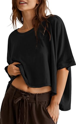 UEU Oversized Crop T-Shirt for Women Round Neck Casual Loose Tees Drop Shoulder Solid Short Sleeve Tops Black XL
