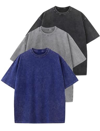 Arssm 3 Pack Men Oversized T Shirts Vintage Tee Loose Fit Short Sleeve Casual Streetwear Baggy Washed Unisex Tops(BlackGreyBlue-M)