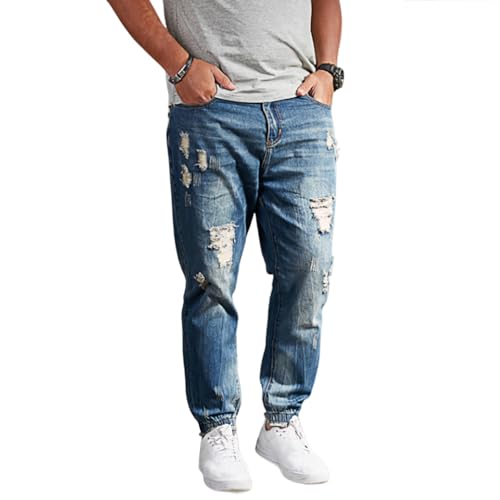 HDMGCR Men's Ripped Jogger Jeans Distressed Denim Harem Pants Plus Size(Blue,42)