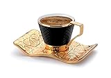 Mr Zoni Espresso Turkish Coffee Cups with Metal Holders and Saucers Set (Black - Gold)