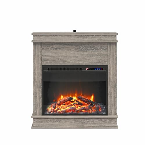 Ameriwood Home Mateo 30 Inch Electric Fireplace with Mantel, Replaceable Fireplace Insert Heater, Freestanding, Remote Control, Timer, Realistic Log and Flame Effect, Gray Oak