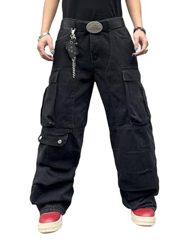 DFGIGT Mens Goth Baggy Cargo Jeans with Pockets Steampunk Patchwork Embroidery Wide Leg Denim Pants Jinco Punk Casual Fashion Cargo Pants Y2k Gothic Relaxed Loose Oversized,C10 Black,X-Large