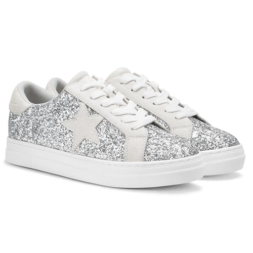 PARTY Women's Glitter Fashion Star Sneakers Low Top Platform Lace Up Comfortable Wedding Walking Shoes,Silver Glitter,8