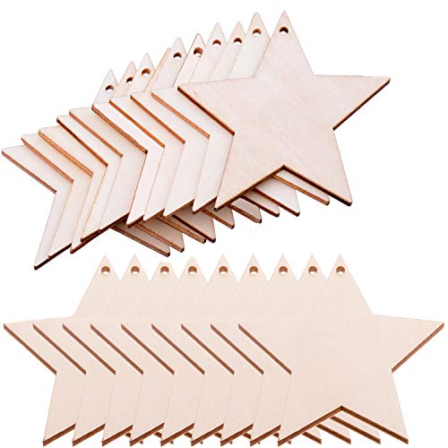 Pack of 50 Wooden Crafts to Paint 3 inch Christmas Tree Hanging Ornaments Unfinished Wood Cutouts Christmas Decoration DIY Crafts (Wooden Star Cutouts)