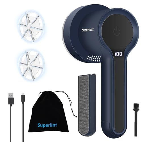 SUPER LINT Electric Fabric Shaver, Sweater Shaver with LED Display, 6-Leaf Blades, Clothes Brush, 3-Speeds for Removing Fuzz and Pill Form Clothing, Couch, Furniture, Navy Blue