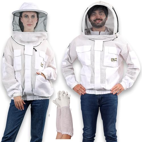 US-Keepers 3 Layer Ventilated Bee Jacket for Men & Women, Premium Beekeeping Jacket with Gloves & Two Beekeeper Veils. (White J/L)