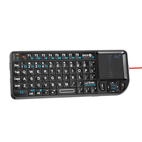 Rii Mini Wireless Keyboard with TouchpadQWERTY, Support Bluetooth2.4G Connection, Built-in Laser Pointer, Portable Backlit Keyboard with Remote Control, X1-BT Black