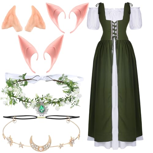 Bonuci 6 Pcs Women Renaissance Costume Fairy Dress Medieval Costume with Elf Ears, Moon Head Chain and Woodland Fairy Crown(L/XL,Light Green)