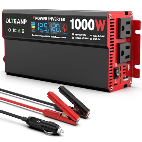 OLTEANP 1000 Watt Power Inverter 12V DC to 110V/120V AC Car Inverter with LCD Screen Display, 2 AC Outlets, 36W Type-C Port, 5V/3A USB Port, Car Power Converter for Truck, Home, Vehicles, Laptop, Trip
