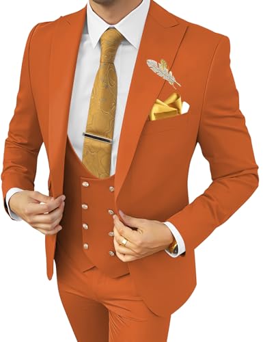 Wangyue Mens Suits Wedding Suits for Men 3 Piece Slim Fit Orange Double Breasted Suit Men, S