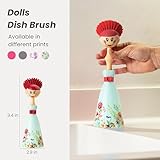 Vigar Dolls Dish Brush with Ergonomic Handle and Dres-Shaped Storage Holder - Scrub Brush for Pans, Pots, Kitchen Sink Cleaning, Blue/Pink