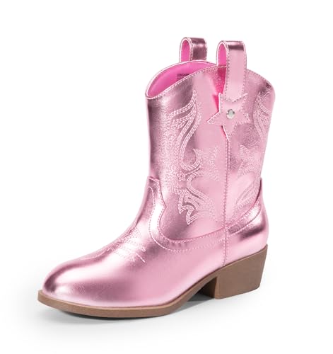 DREAM PAIRS Girls Cowboy Cowgirl Boots 2-in-1 Western Removable Cuff Fold Over Embroidered Fashion Mid Calf Shoes,Size 1 Little Kid,Pink,SDBO2406K